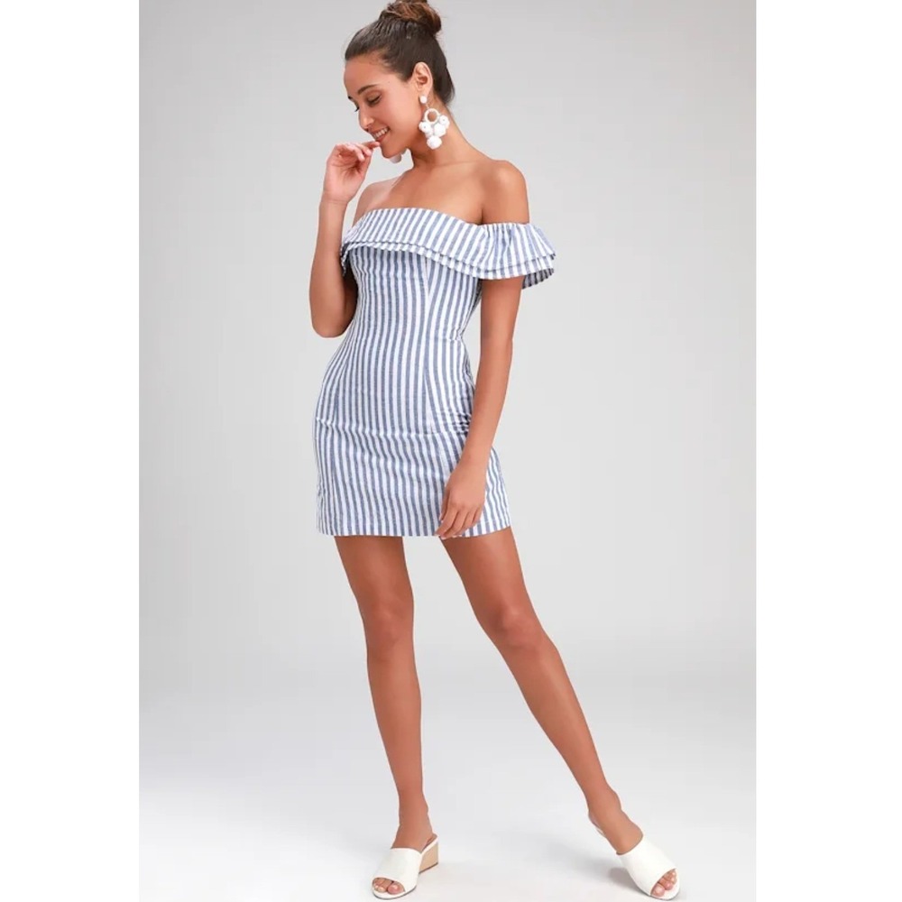 Lulus Seaside Skipper Blue Striped Off-the-Shoulder Mini Dress NWT Size Small